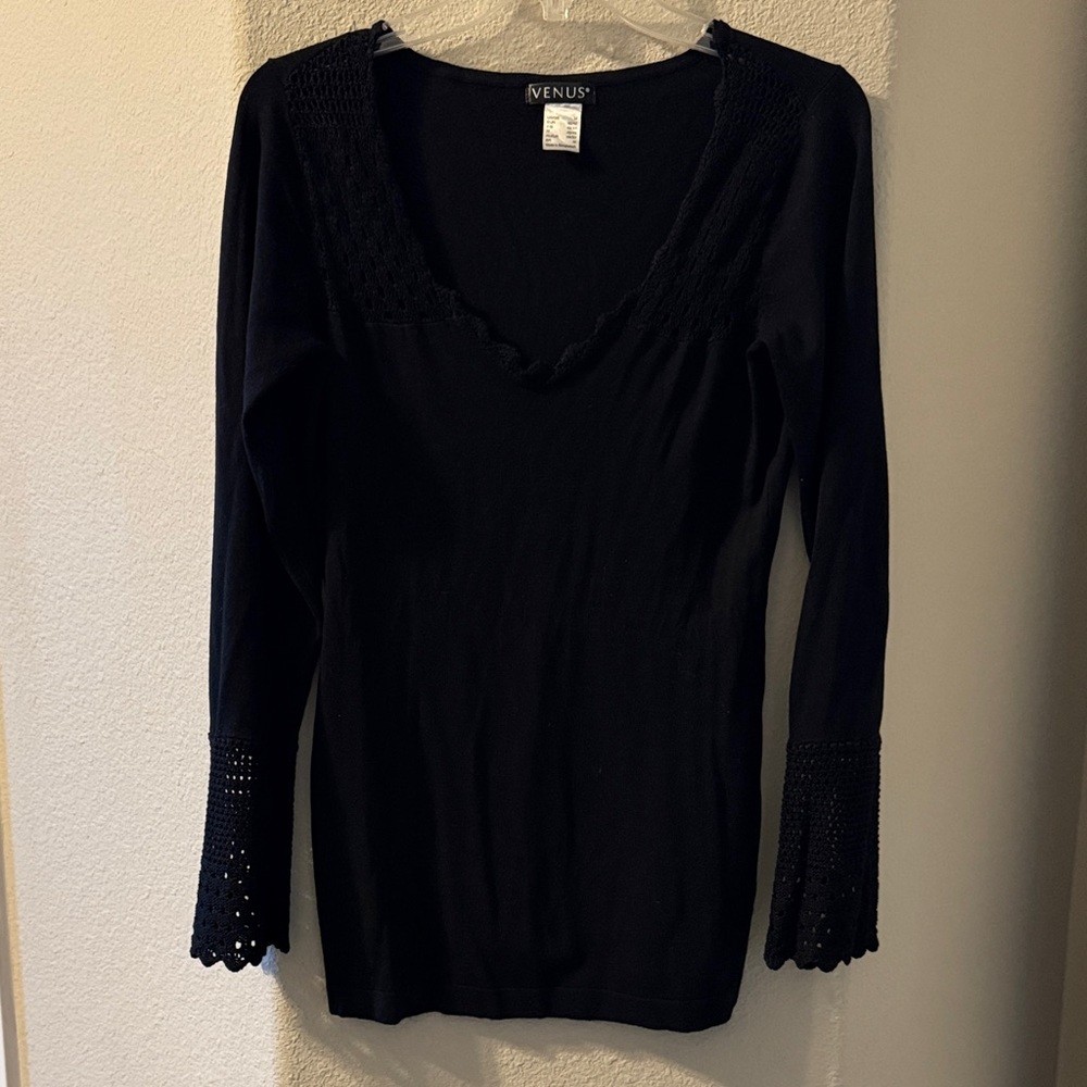 VENUS Black Long Sleeve Top with Crochet Detail medium